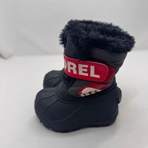 Kids Sorel Black Red Faux Fur Lined Winter Snow Boots Size 5 Toddler